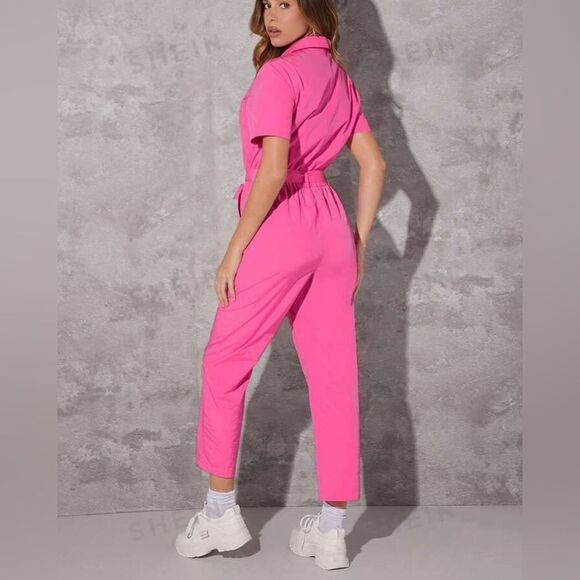 SHEIN Haute Zip Front Belted Jumpsuit Pink Sz S - Picture 2 of 10